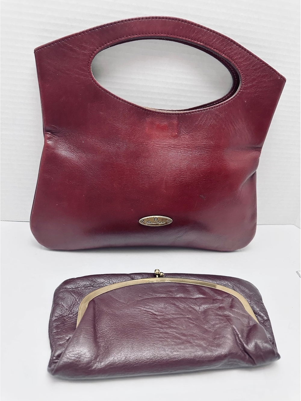 Set of 2 Vintage Oxblood Burgundy Leather Foldover Clutch Handbags